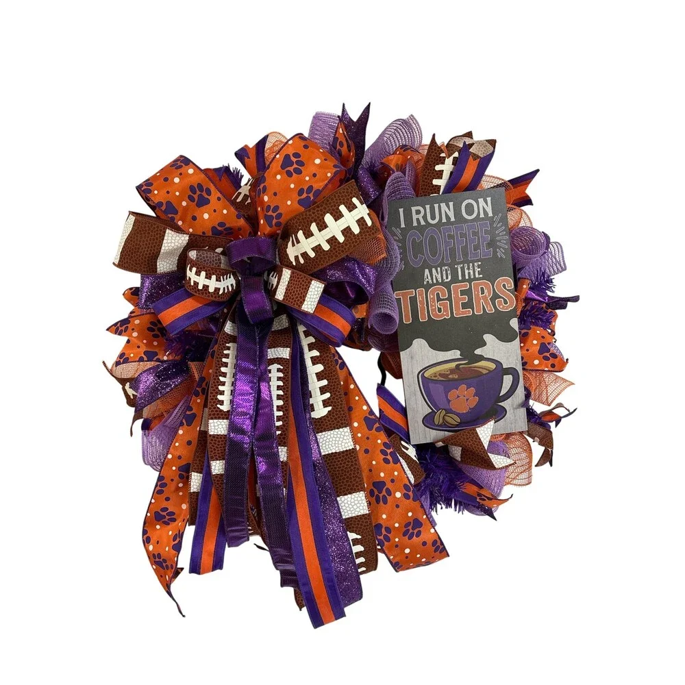 Clemson Football Wreath | ACC Tigers Door Decor | Orange Purple Mesh Game Wreath